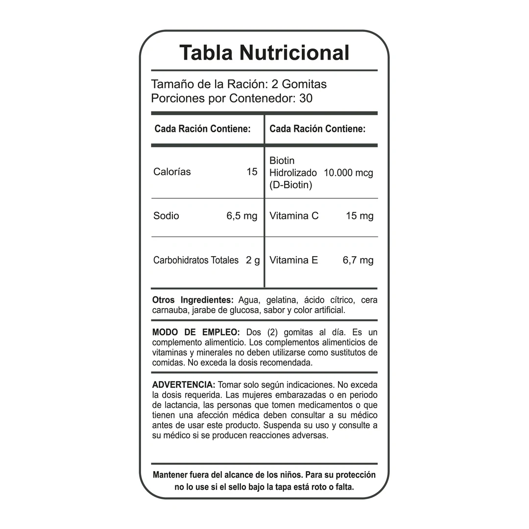Tabla nutricional de Biotin 10.000 mcg