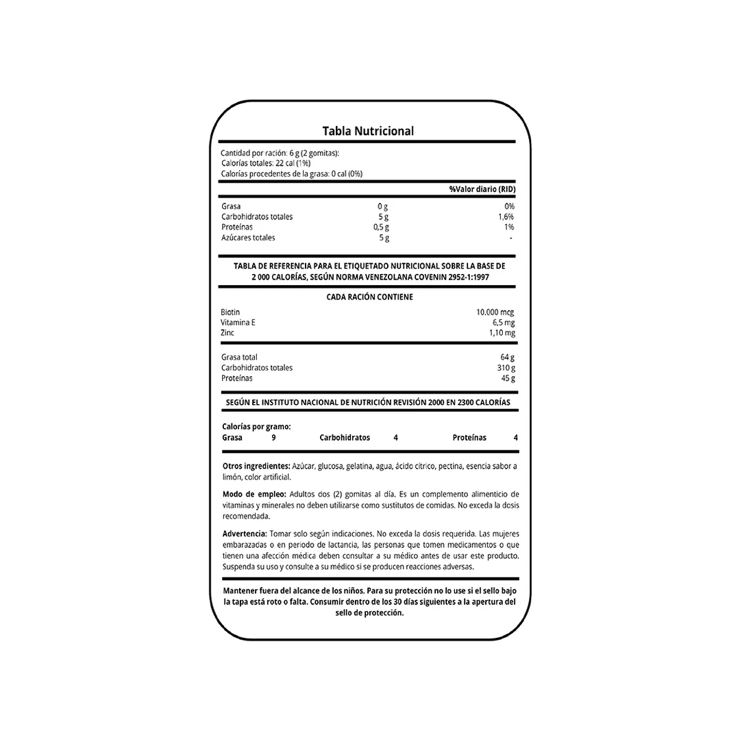 Tabla nutricional de Biotin Hombres + Vitamina E y Zinc