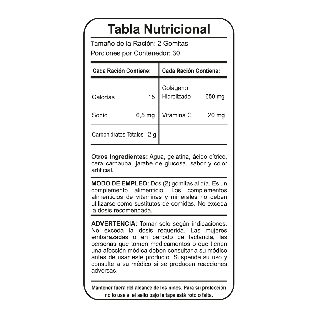 Tabla nutricional de Colágeno 650 mg