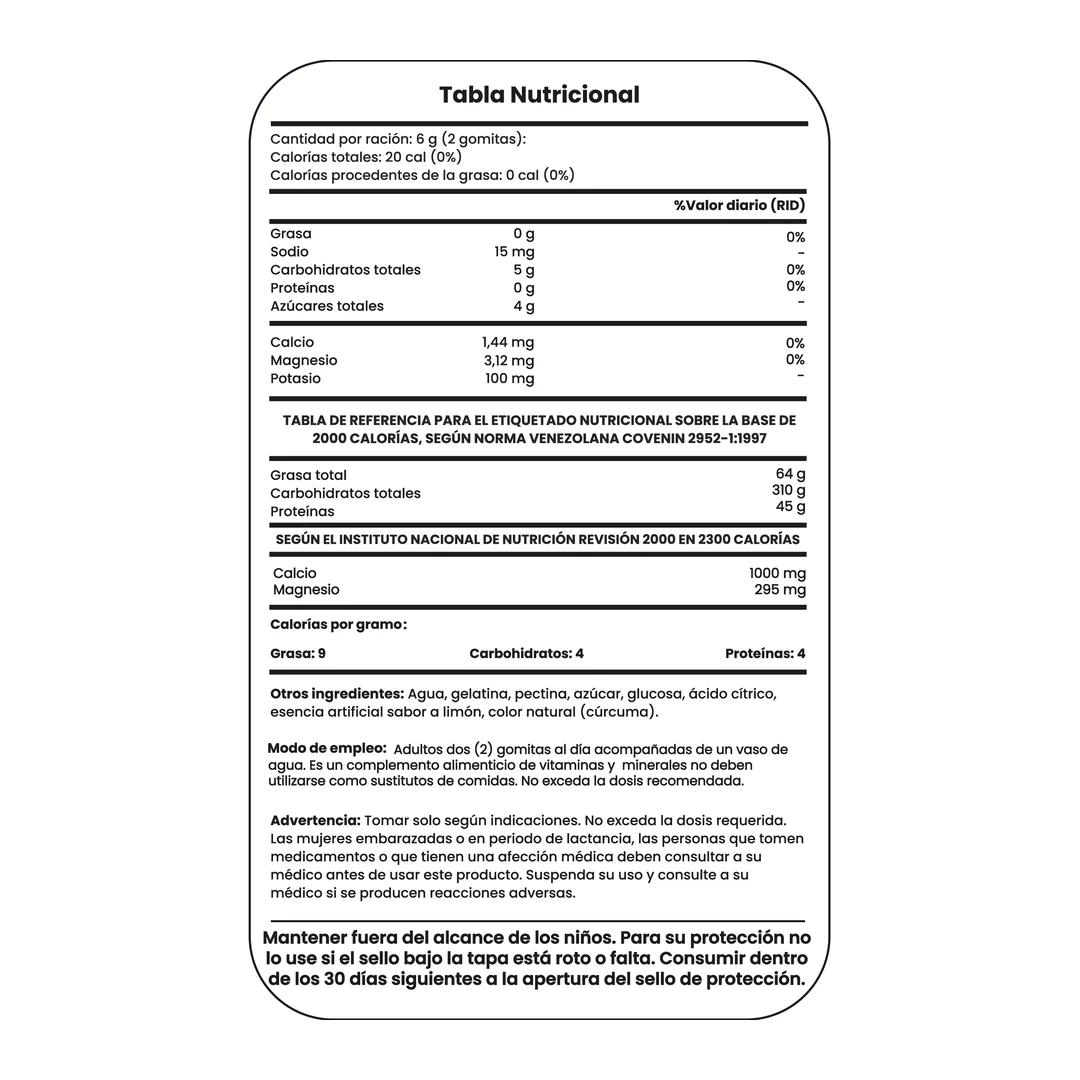 Tabla nutricional de Electrolitos Magnesio + Calcio