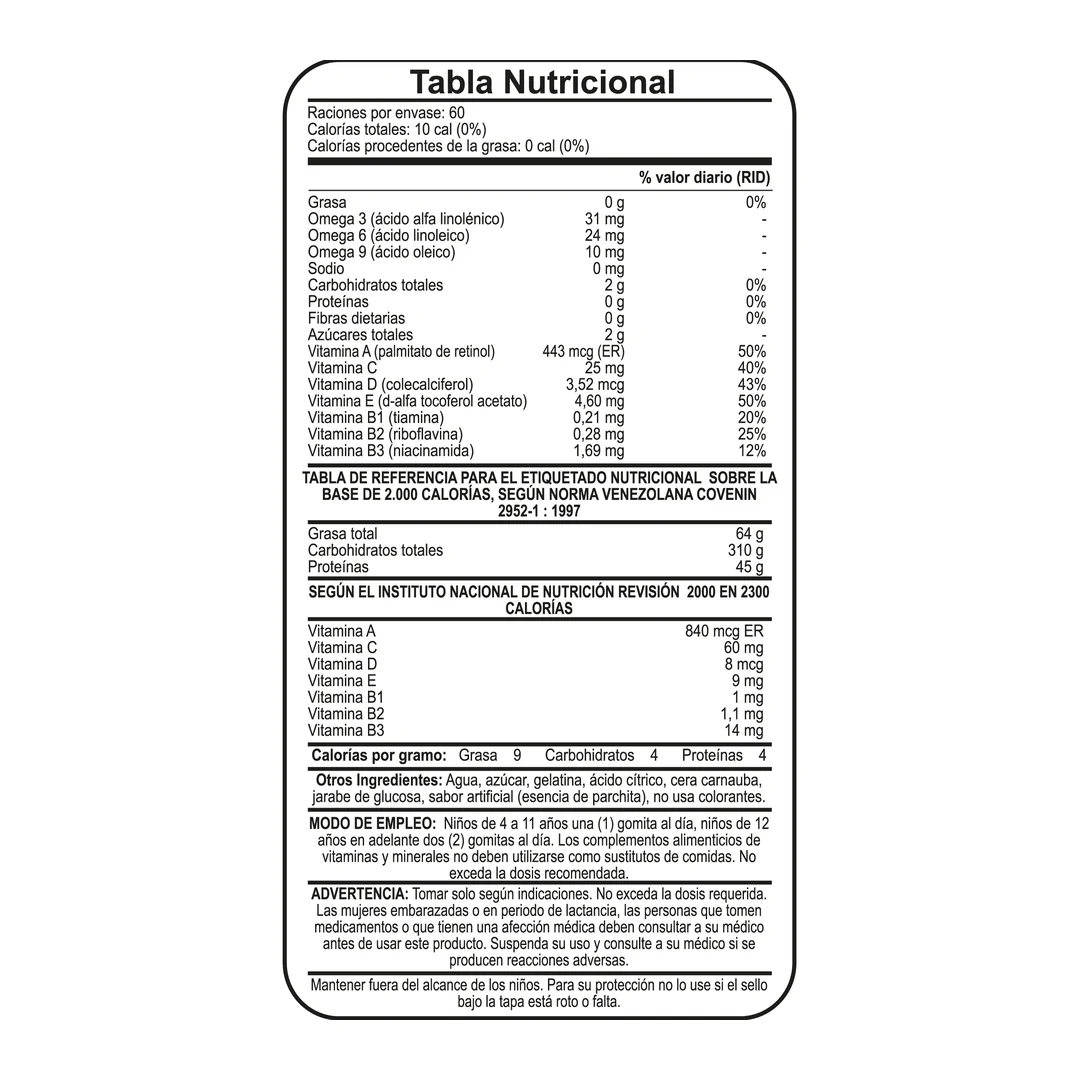 Tabla nutricional de Multivitamínico Kids