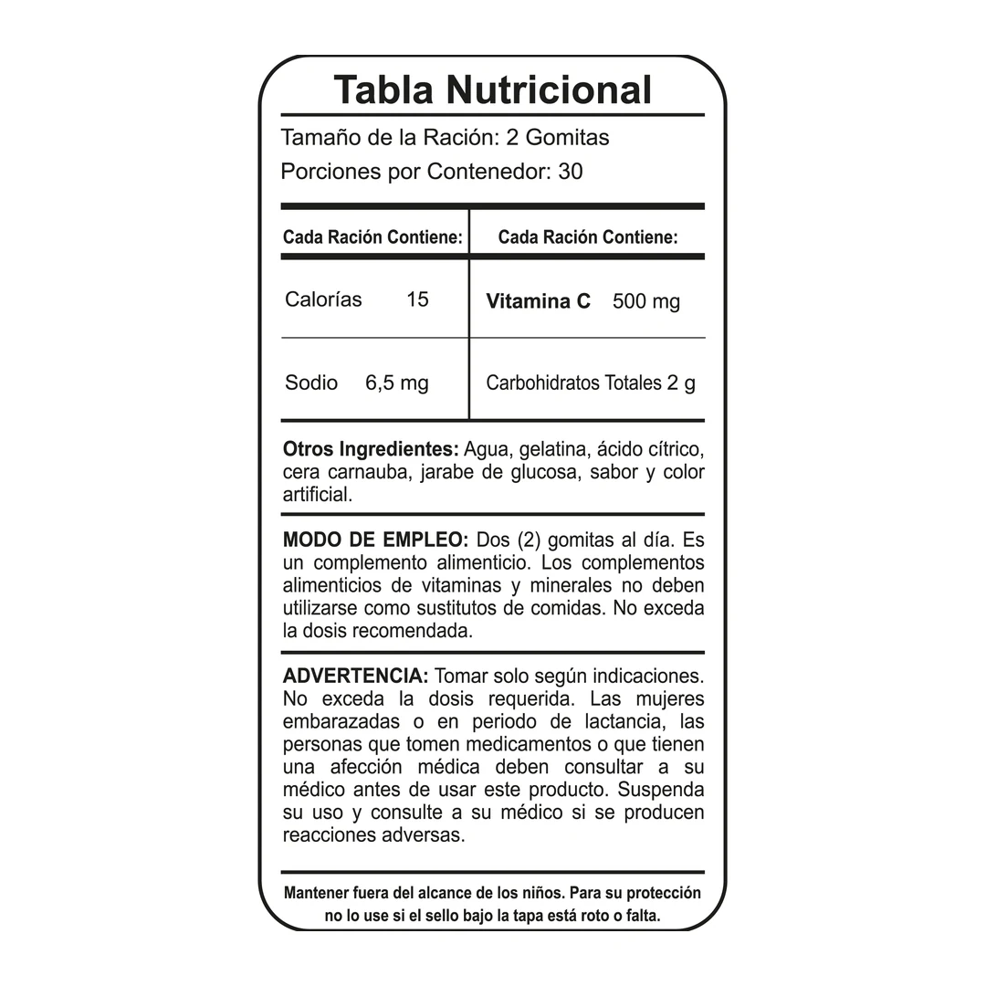 Tabla nutricional de Vitamina C 500 mg