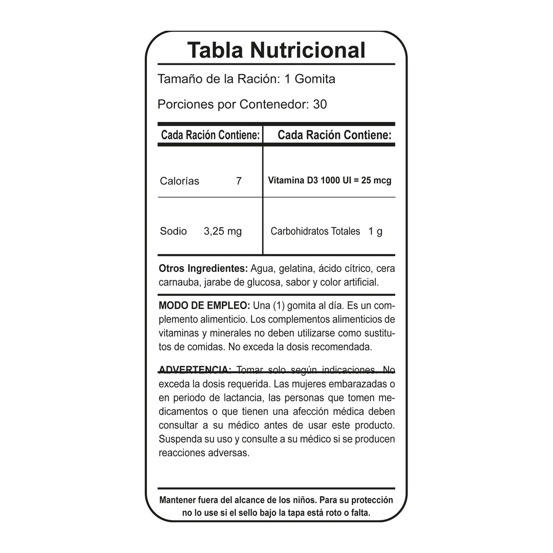 Tabla nutricional de Vitamina D3 25 mcg (1000 U.I.)
