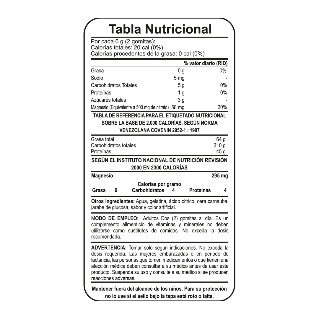 Tabla nutricional de Citrato de Magnesio 500 mg