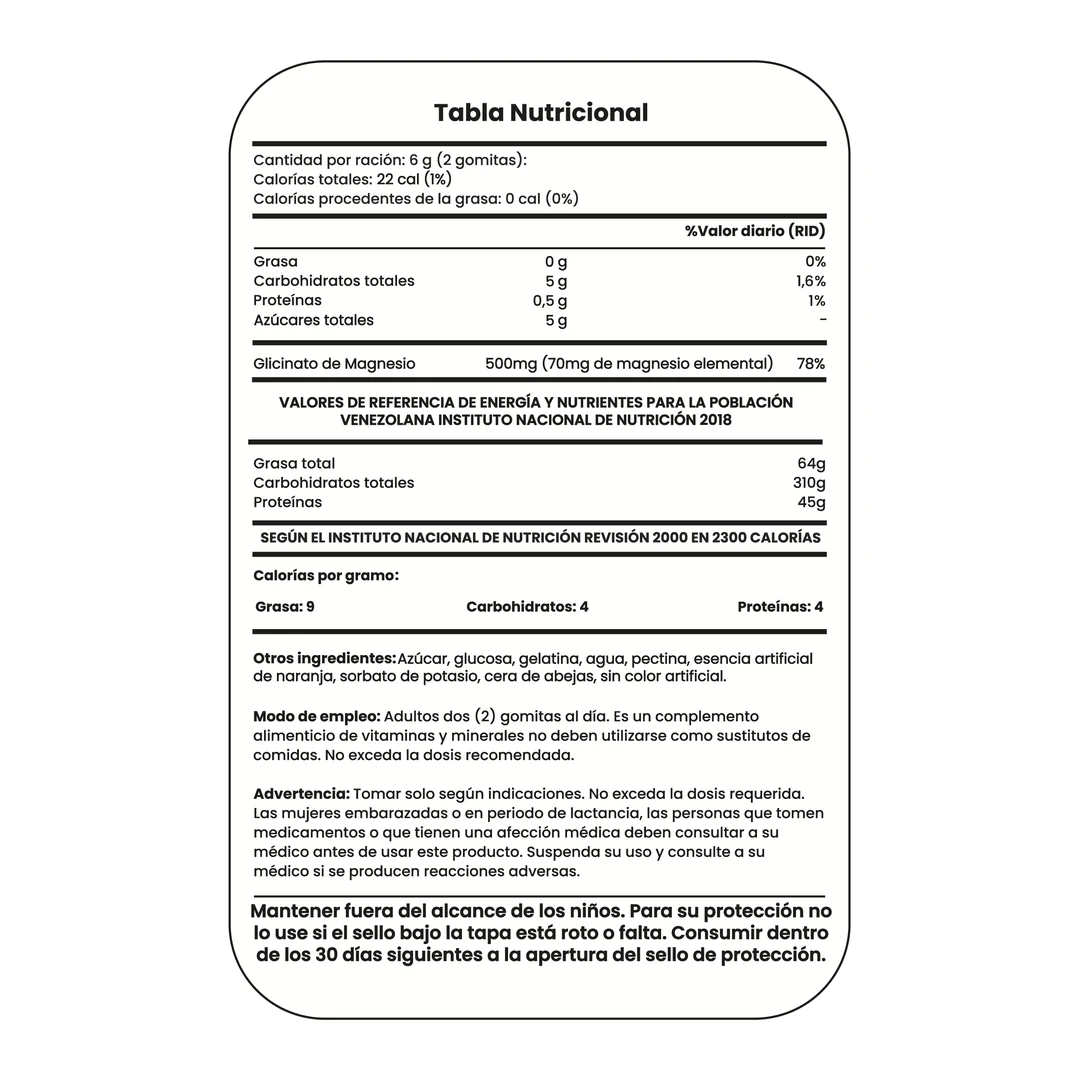 Tabla nutricional de Glicinato de Magnesio 500 mg