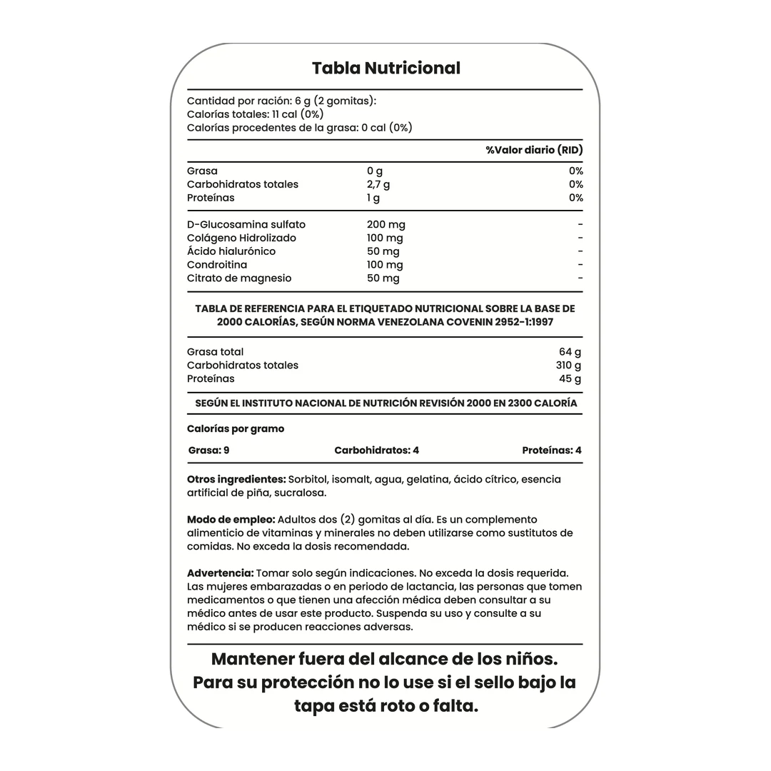 Tabla nutricional de Glucosamina + Condroitina