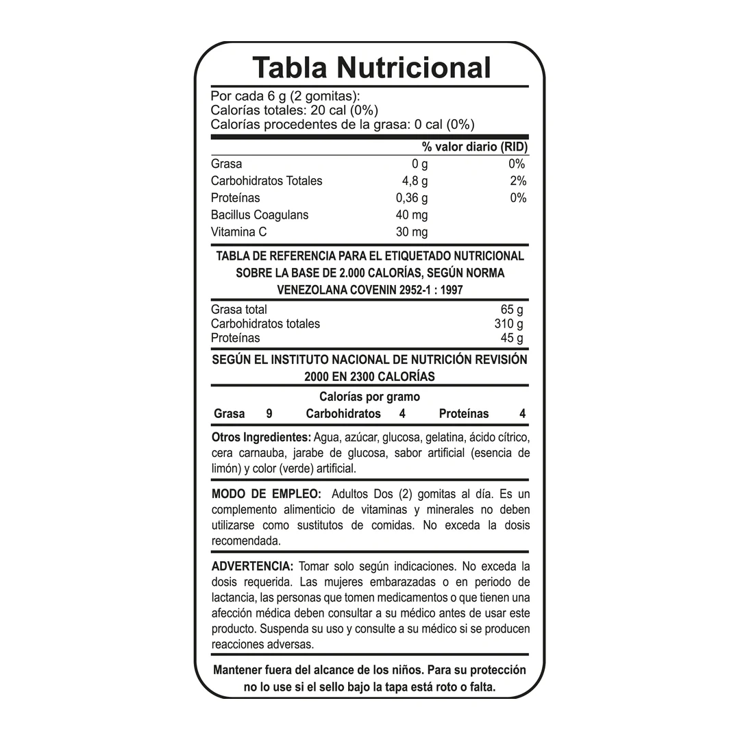 Tabla nutricional de Probióticos + Vitamina C