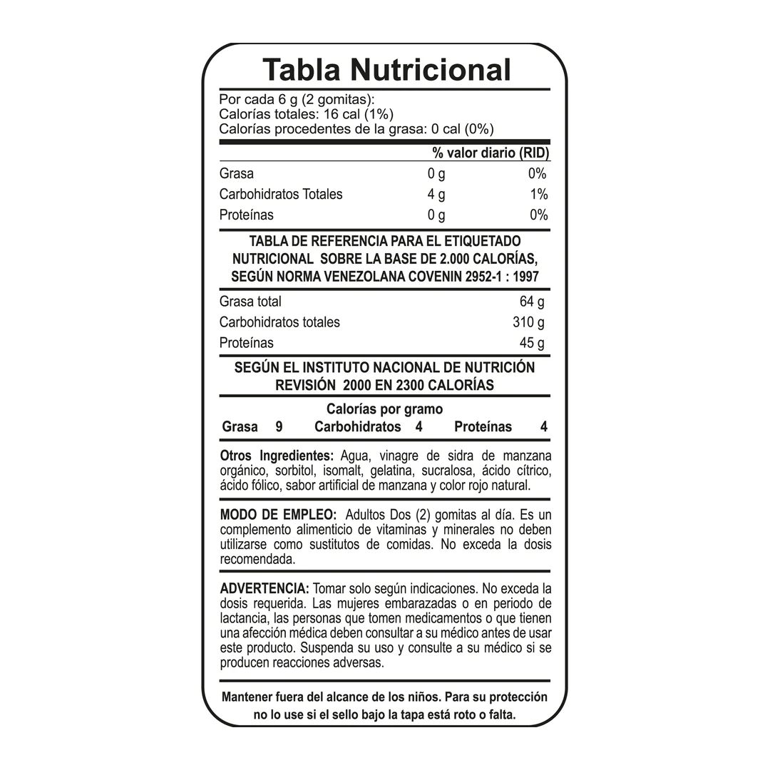 Tabla nutricional de Vinagre de Sidra de Manzana 500 mg
