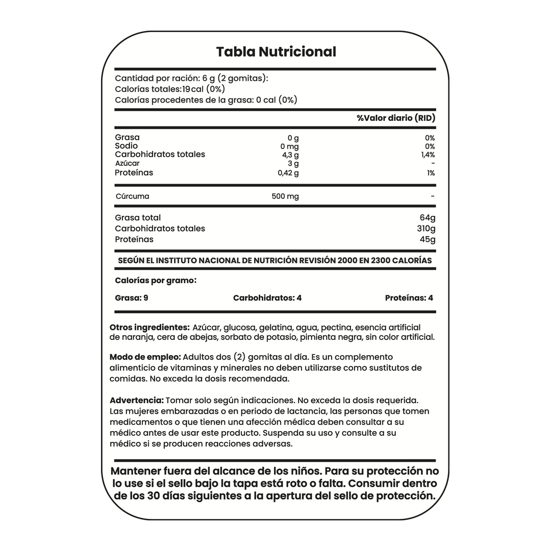 Tabla nutricional de Cúrcuma + Pimienta