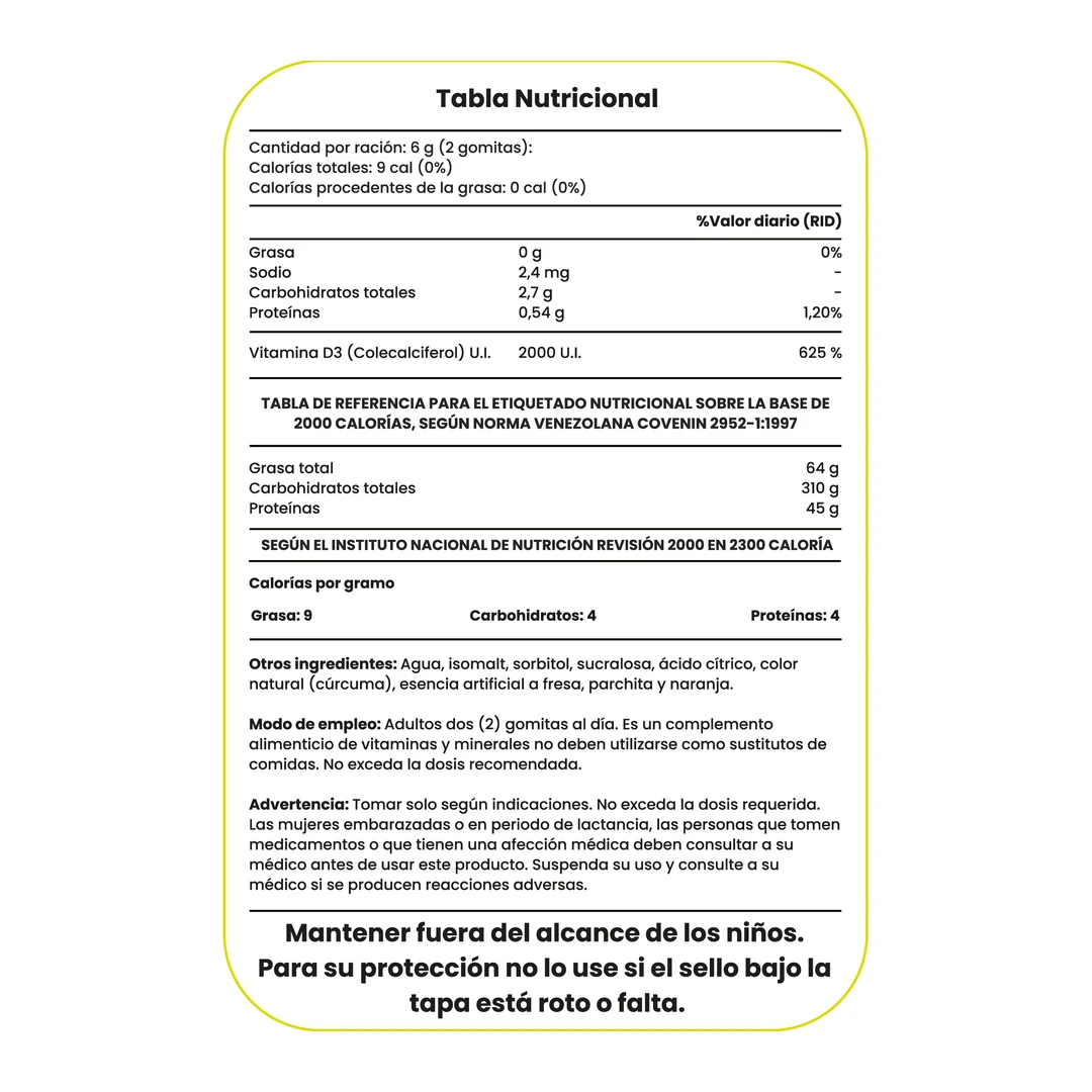 Tabla nutricional de Vitamina D3 2000 U.I. sin azúcar