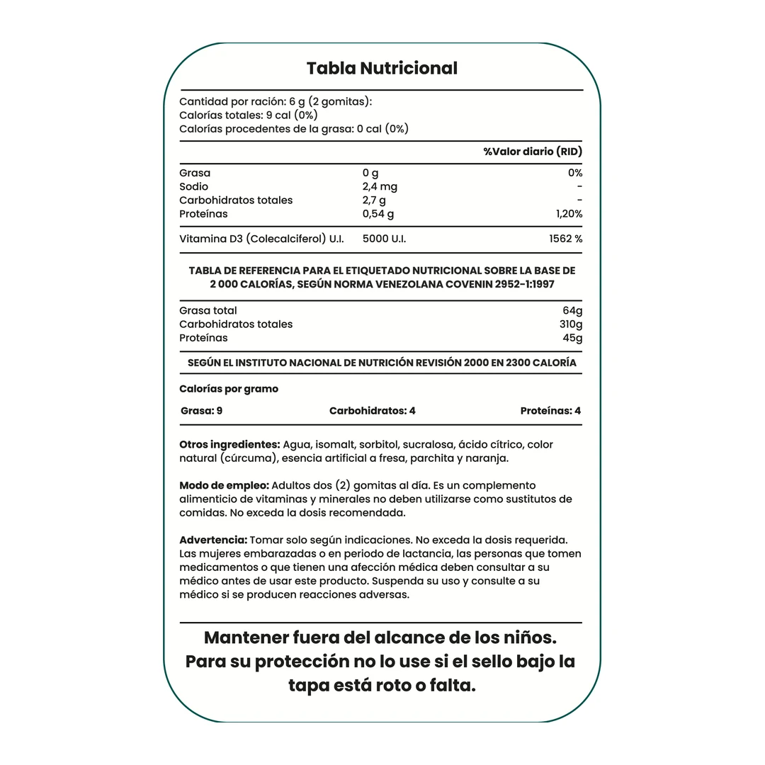 Tabla nutricional de Vitamina D3 5000 U.I. sin azúcar