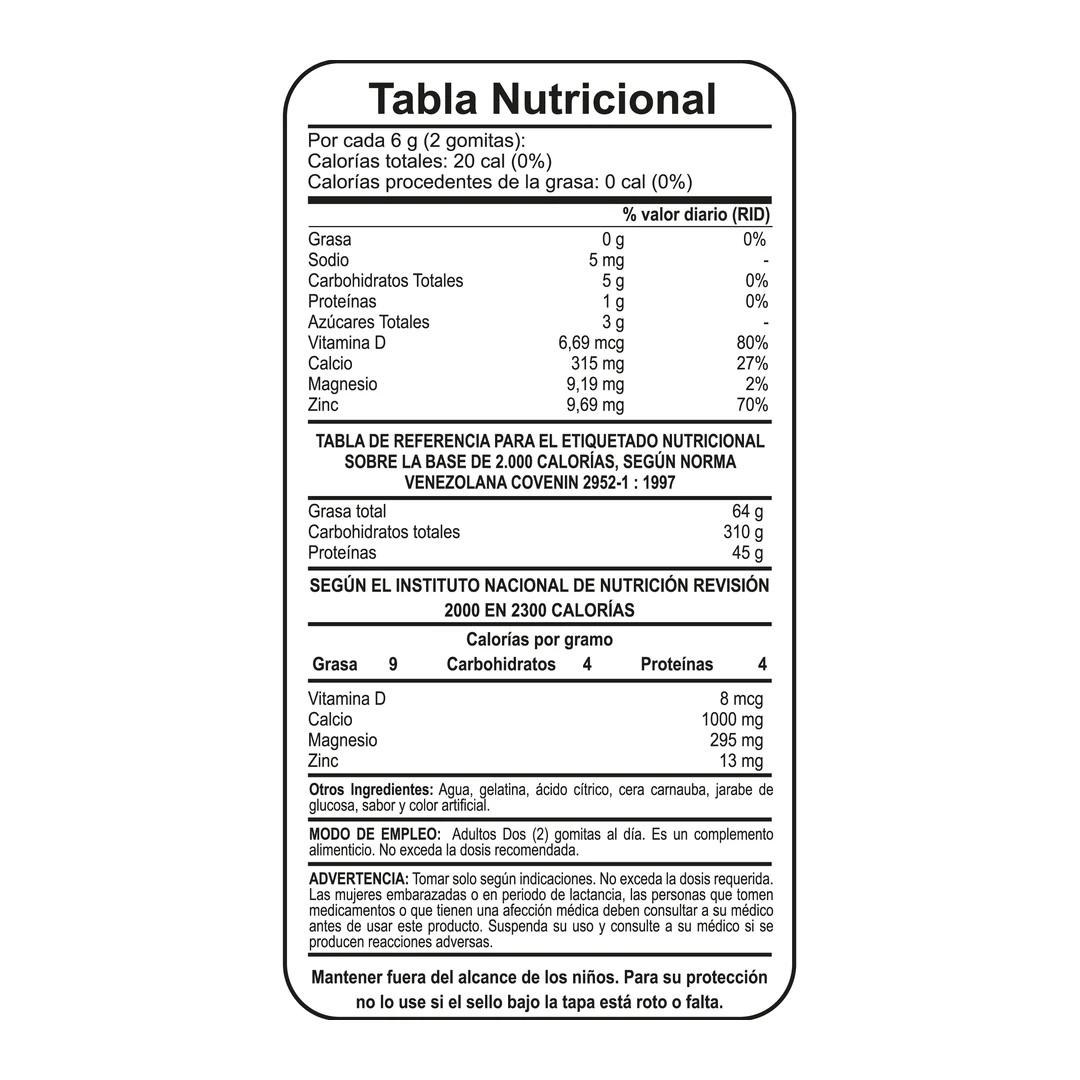 Tabla nutricional de Calcio + D3 + Magnesio + Zinc