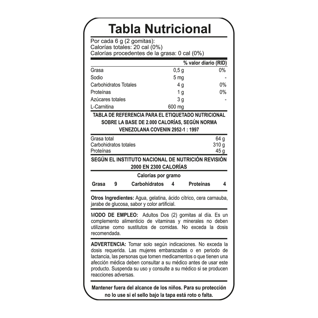 Tabla nutricional de L-Carnitina 600 mg
