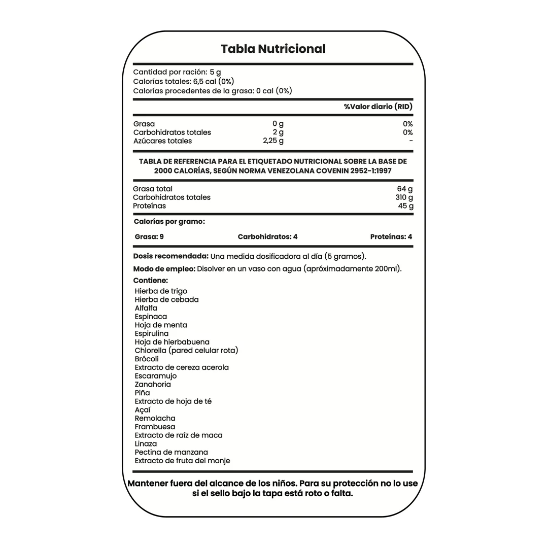 Tabla nutricional de Superalimentos Verdes en Polvo